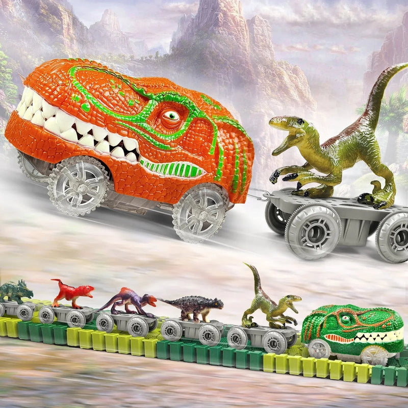 Dinosaurier-Rennbahn mit grüner Strecke, Fahrzeugen, Brücken und Dinosaurierfiguren