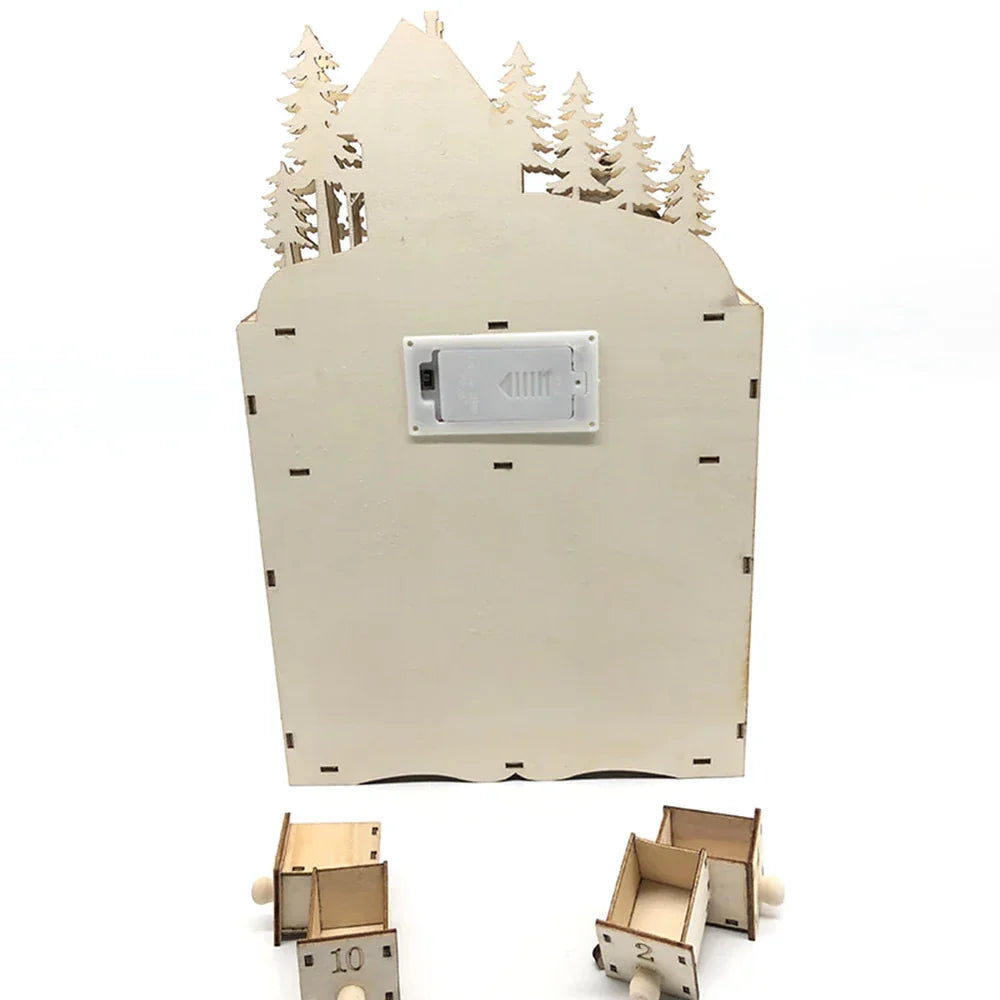 Adventskalender aus Holz mit beleuchtetem Weihnachtsdorf