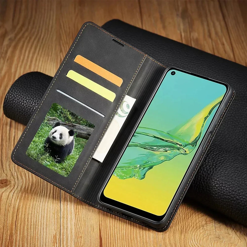 Magnetische Samsung-Handyhülle mit geschlossenem Klappcover und genähtem Rand