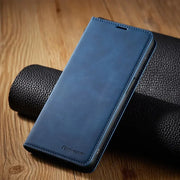 Magnetische Samsung-Handyhülle mit geschlossenem Klappcover und genähtem Rand