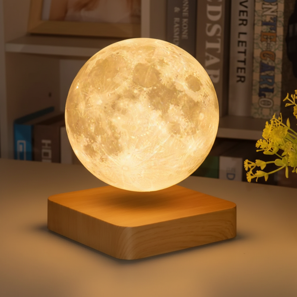 Schwebende Mondlampe auf Holzsockel