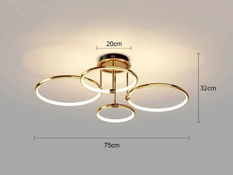 LED-Deckenleuchte mit vier ringförmigen Leuchtelementen und zentraler Deckenhalterung