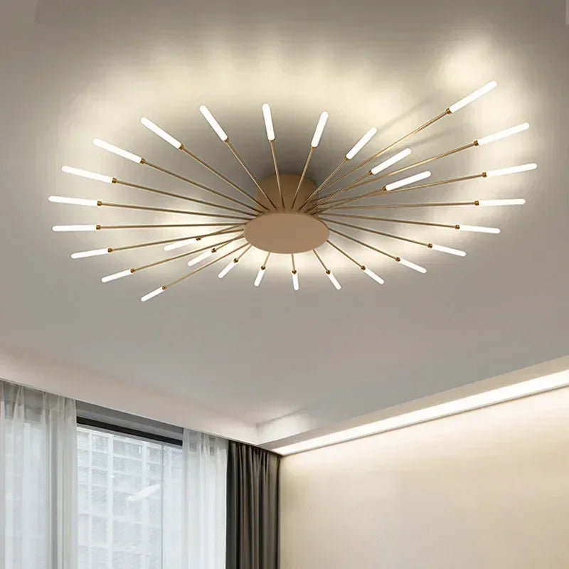 Moderne LED-Deckenleuchte mit radial angeordneten Lichtarmen im Strahlen-Design