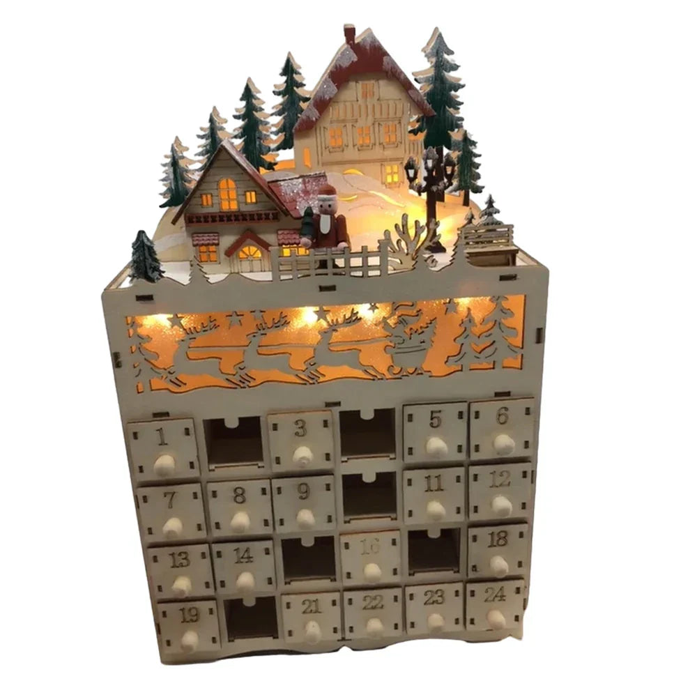 Adventskalender aus Holz mit beleuchtetem Weihnachtsdorf