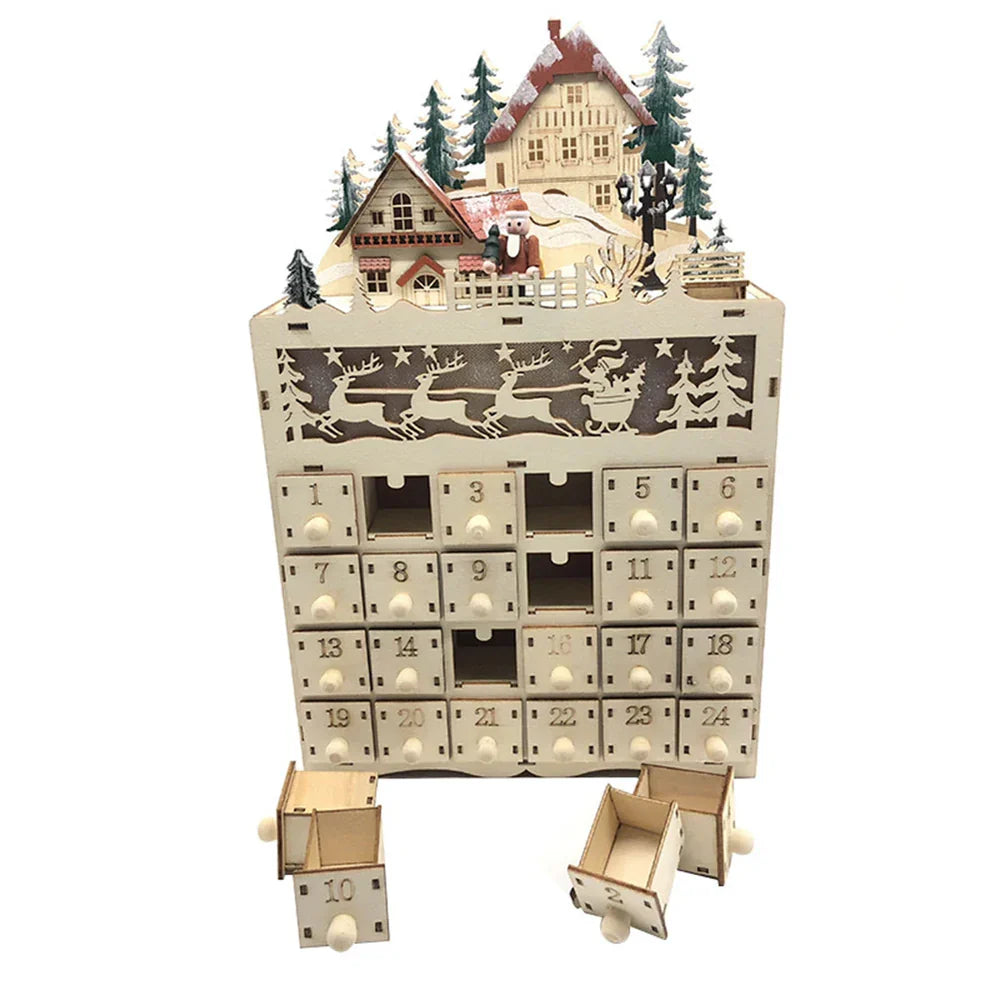 Adventskalender aus Holz mit beleuchtetem Weihnachtsdorf