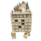 Adventskalender aus Holz mit beleuchtetem Weihnachtsdorf