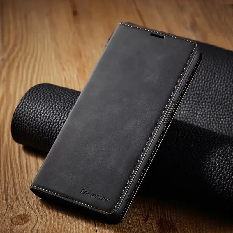 Magnetische Samsung-Handyhülle mit geschlossenem Klappcover und genähtem Rand