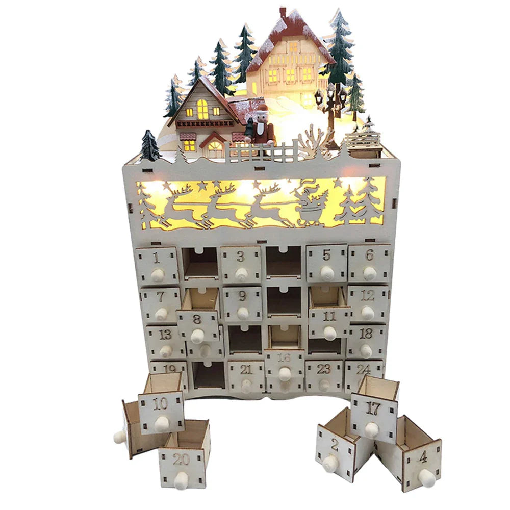 Adventskalender aus Holz mit beleuchtetem Weihnachtsdorf