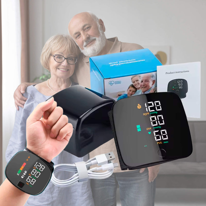 Schwarzes digitales Handgelenk-Blutdruckmessgerät mit LCD-Anzeige und USB-Kabel