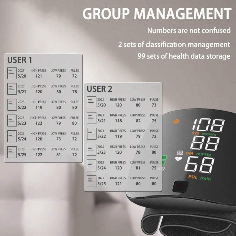 Schwarzes digitales Handgelenk-Blutdruckmessgerät mit LCD-Anzeige und USB-Kabel