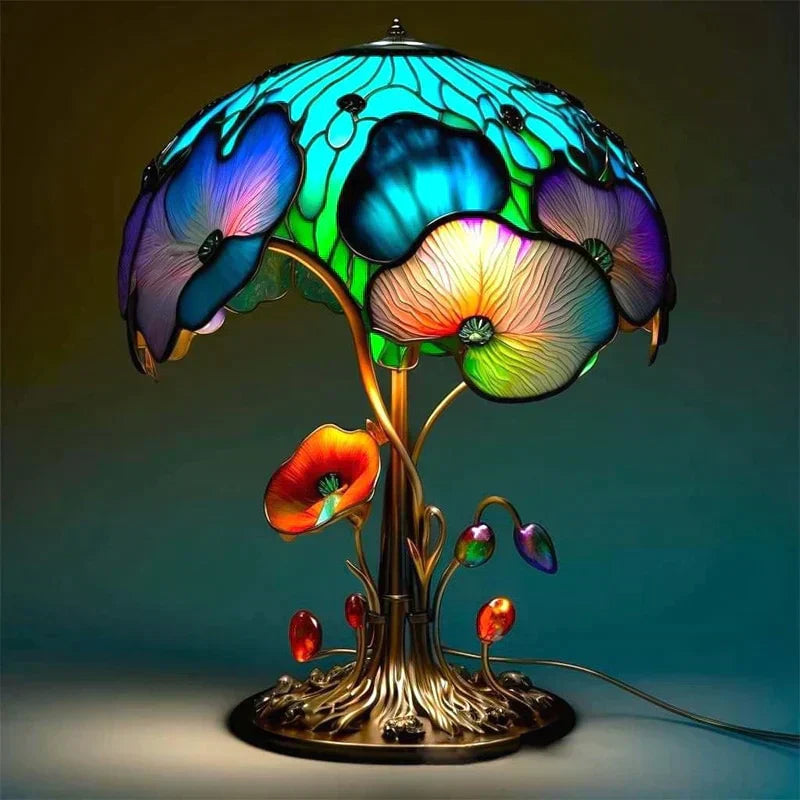 Dekorative Tischlampe in Buntglas-Optik