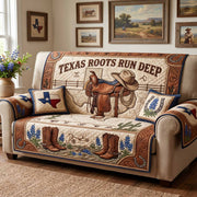 Gesteppter Sesselbezug mit Westernmotiv, Sattel, Cowboyhut, Stiefeln und Hufeisen