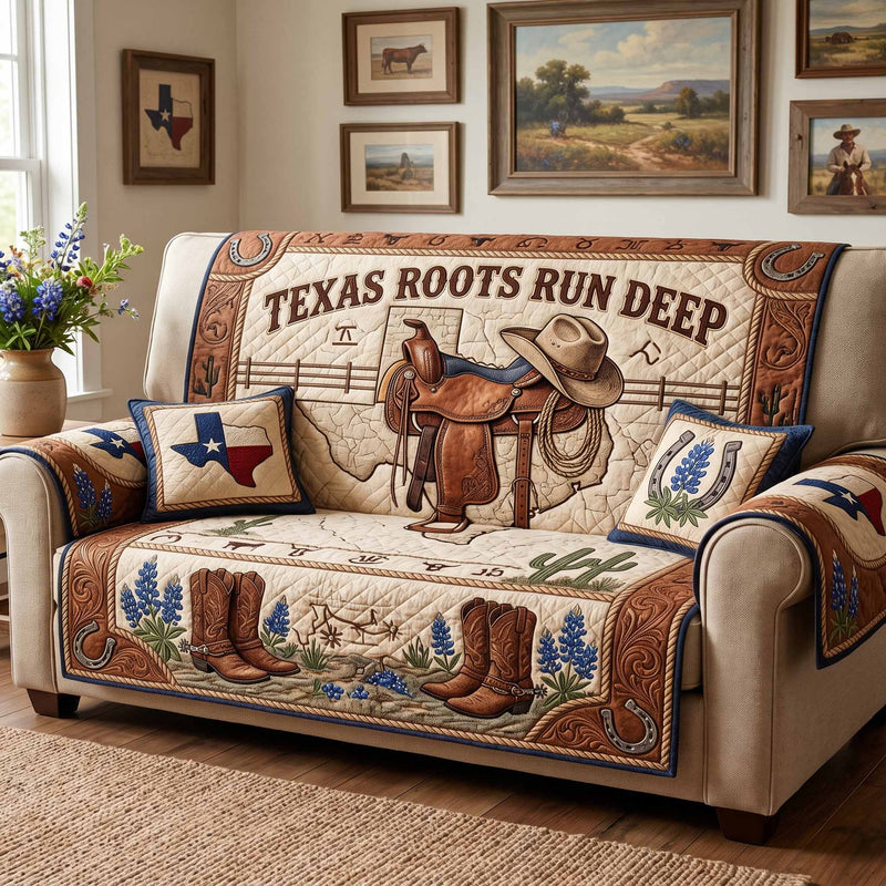 Gesteppter Sesselbezug mit Westernmotiv, Sattel, Cowboyhut, Stiefeln und Hufeisen