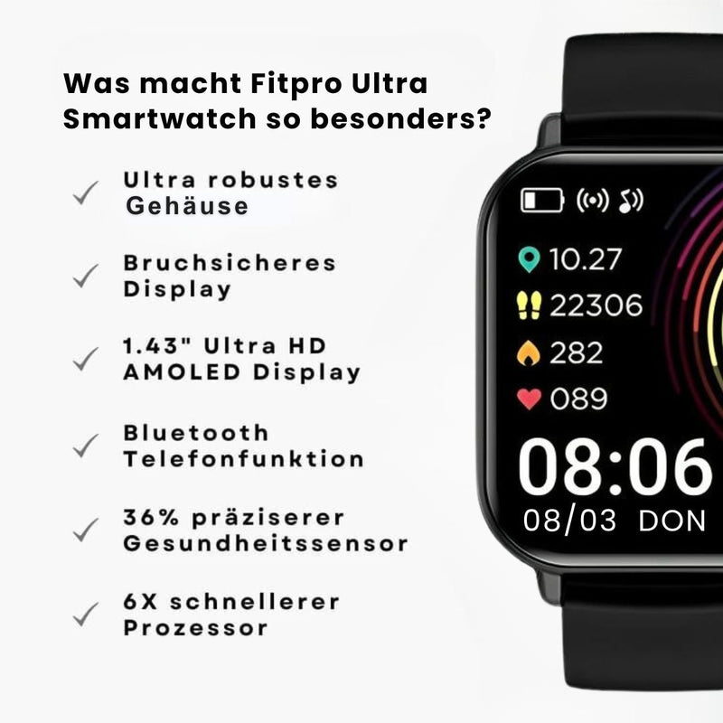 Smartwatch mit rechteckigem Display und Armband für iOS und Android