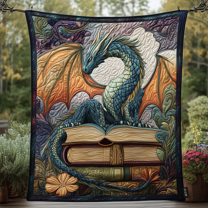 Gesteppte Decke mit farbenfrohem Drachenmotiv auf aufgeschlagenen Büchern