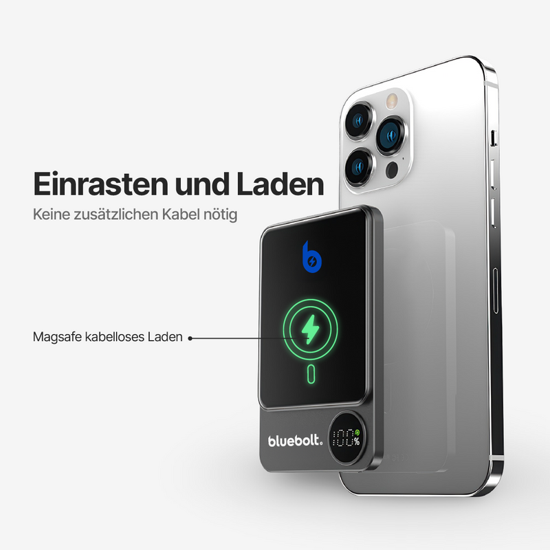 Ultraflache dunkelgraue magnetische Powerbank mit digitaler Ladeanzeige