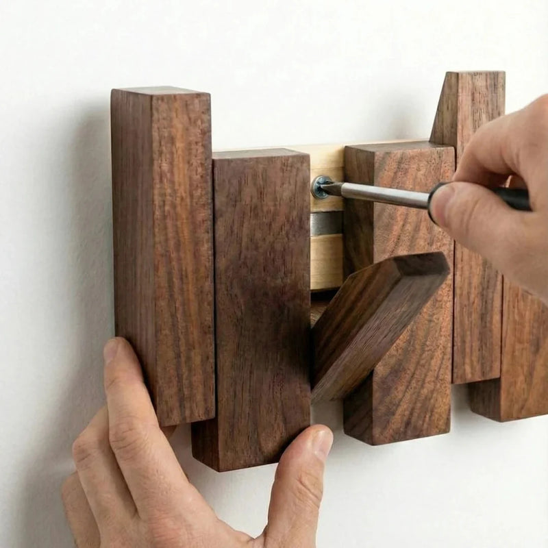 Wandgarderobe aus Holz mit mehreren klappbaren Haken in Brauntönen