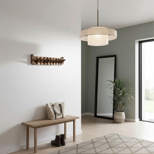 Wandgarderobe aus Holz mit mehreren klappbaren Haken in Brauntönen