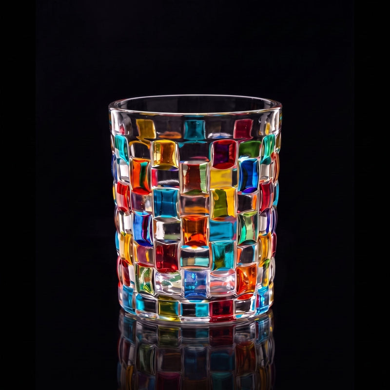 Transparentes Trinkglas mit bunter geometrischer Mosaikverzierung