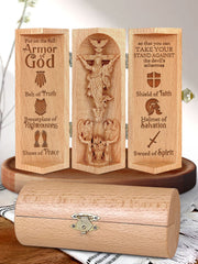 Aufklappbare religiöse Holzskulptur mit Jesusfigur und christlichen Motiven
