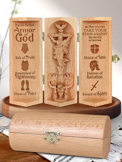 Aufklappbare religiöse Holzskulptur mit Jesusfigur und christlichen Motiven