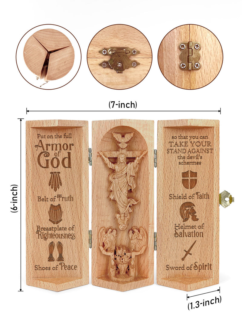 Aufklappbare religiöse Holzskulptur mit Jesusfigur und christlichen Motiven