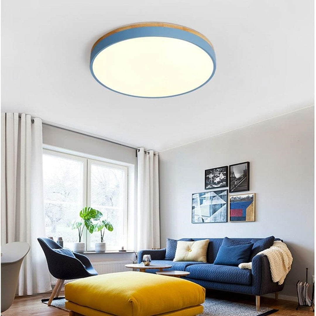 Runde LED-Deckenleuchte mit Holzrand und 3 Lichtfarben