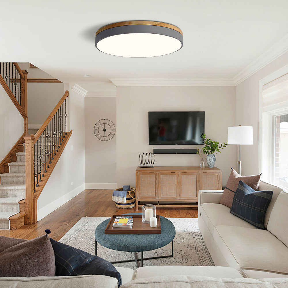 Runde LED-Deckenleuchte mit Holzrand und 3 Lichtfarben
