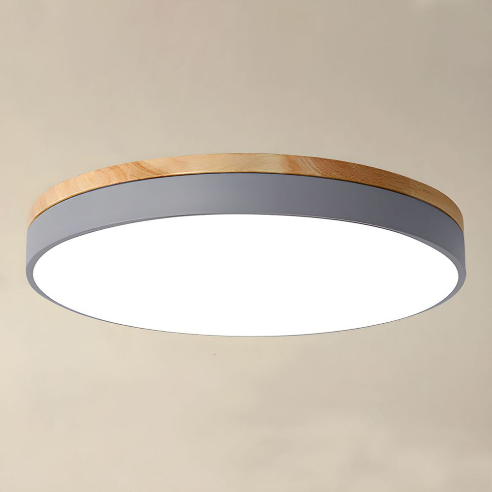 Runde LED-Deckenleuchte mit Holzrand und 3 Lichtfarben