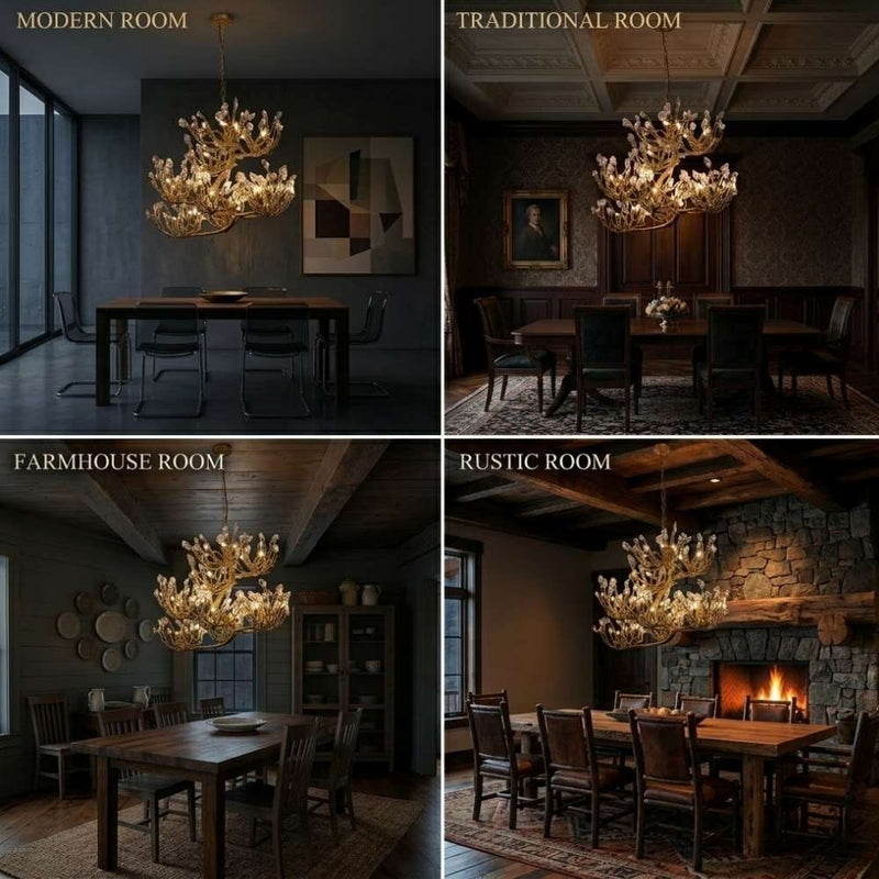 Mehrstufige Pendelleuchte in Baumzweig-Optik mit lichtdurchlässigen Elementen