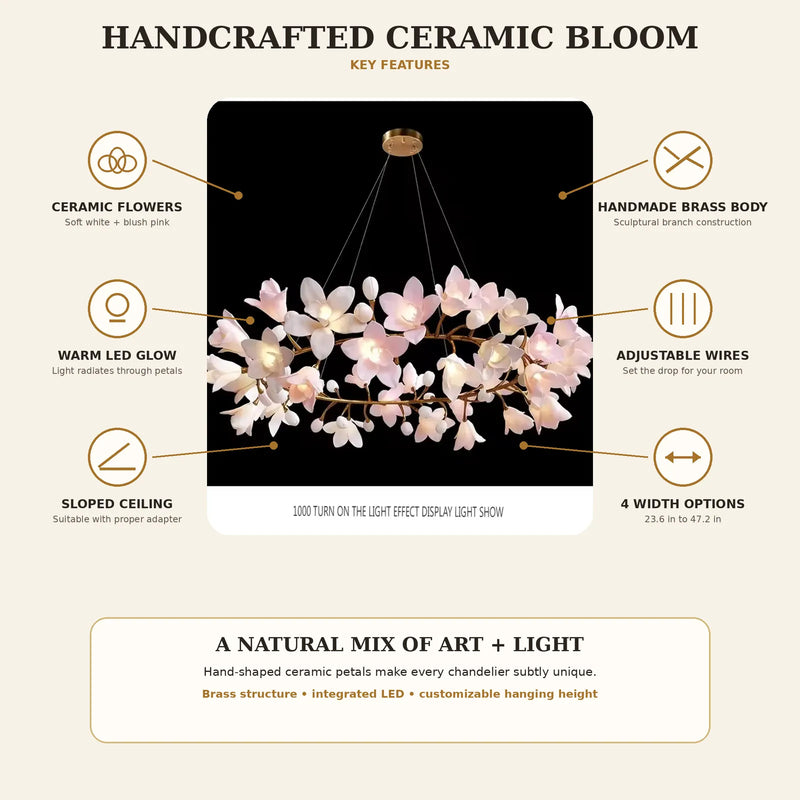 Florale Ringpendelleuchte mit Blütenzweigen und mehreren Lichtquellen