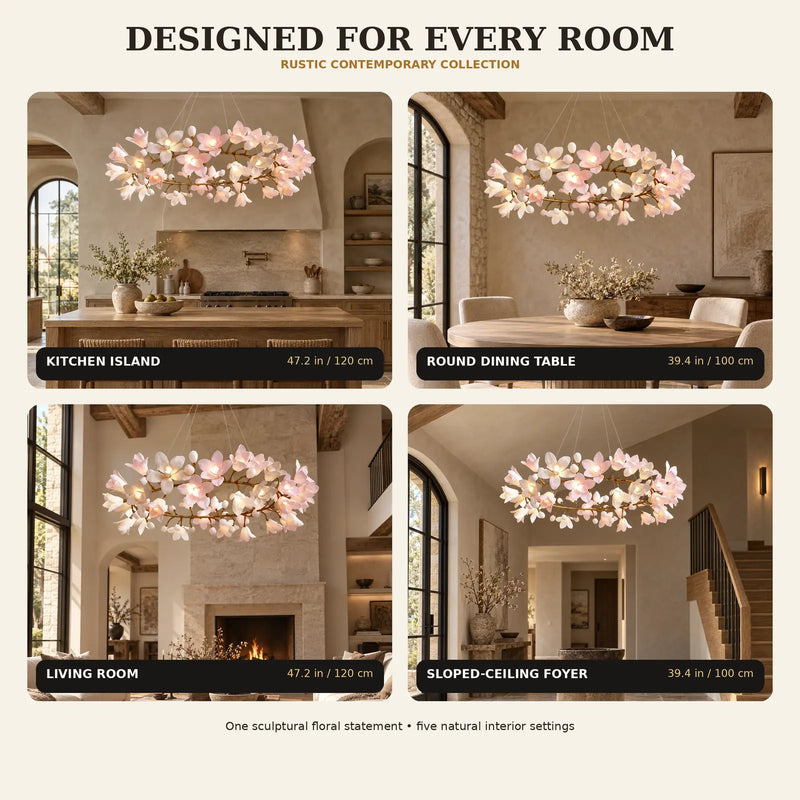 Florale Ringpendelleuchte mit Blütenzweigen und mehreren Lichtquellen