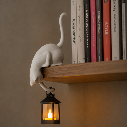 Katzenfigur mit leuchtender LED-Laterne an einer Regalkante