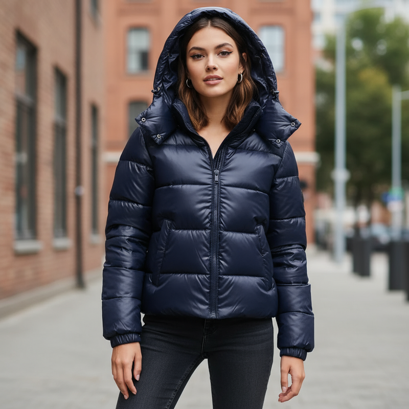 Warme Steppjacke mit Kapuze und leichtem Glanz