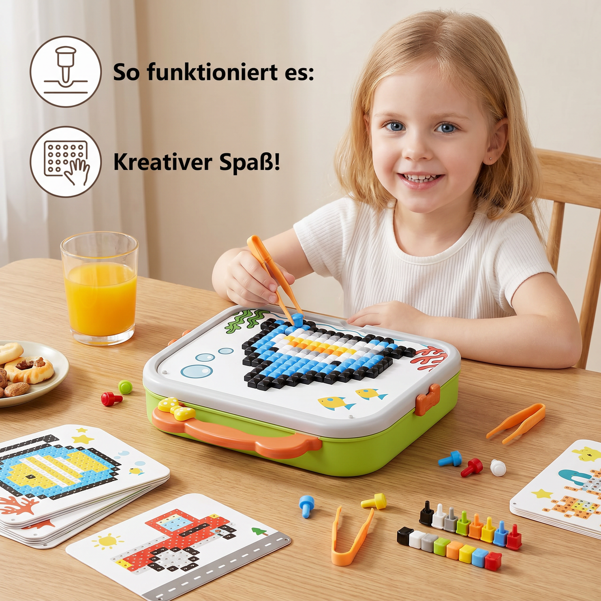 Steckspiel-Mosaik mit Pilznägeln im Koffer