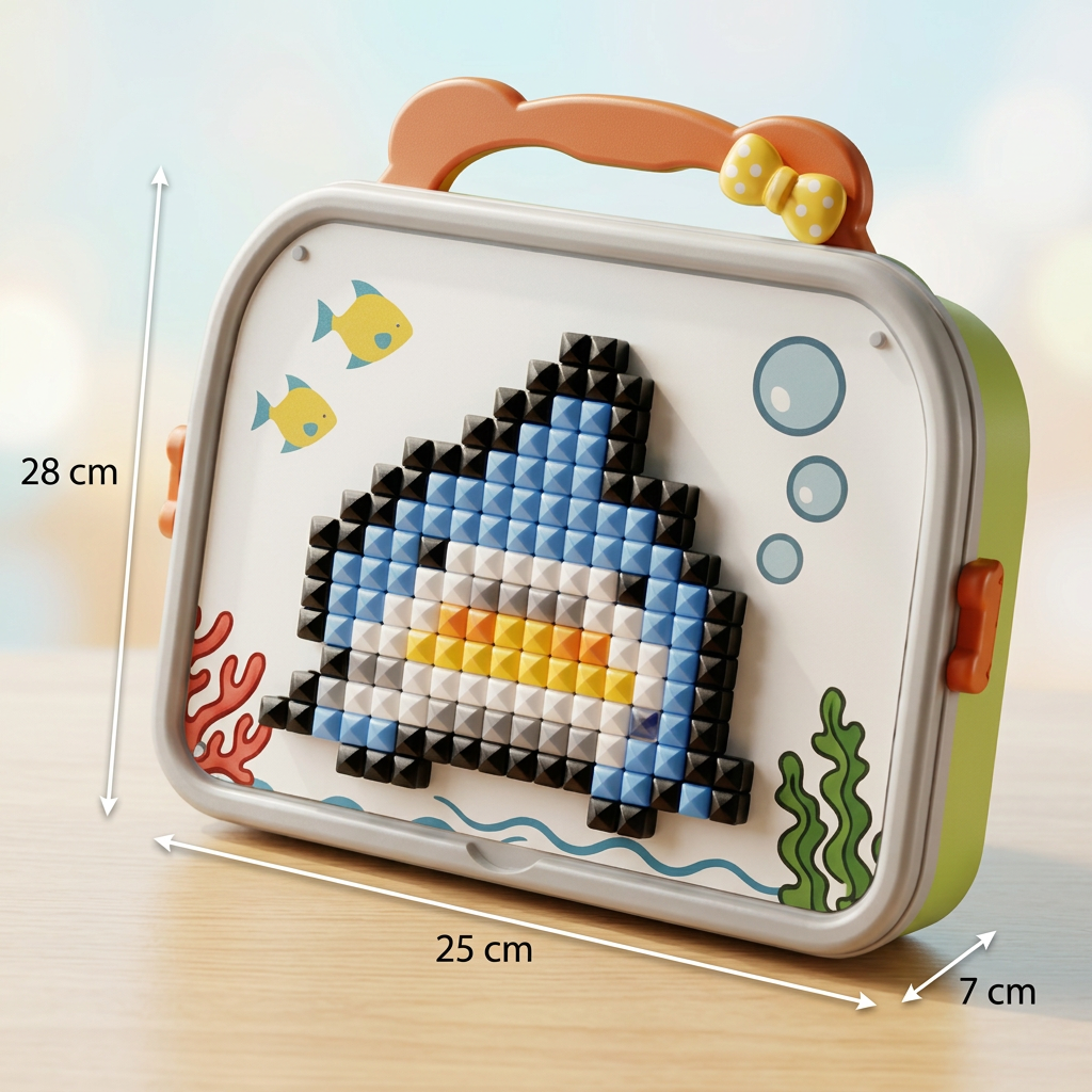Steckspiel-Mosaik mit Pilznägeln im Koffer