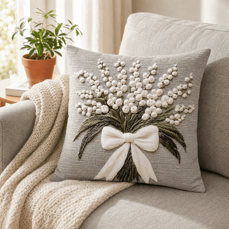 Dekorativer Kissenbezug mit botanischem Motiv, Blüten, Baum und Vögeln