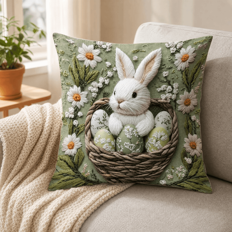 Dekorativer Kissenbezug mit botanischem Motiv, Blüten, Baum und Vögeln