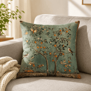 Dekorativer Kissenbezug mit botanischem Motiv, Blüten, Baum und Vögeln
