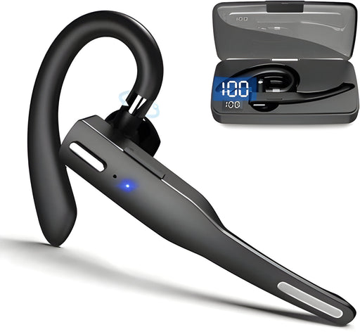 Schwarzes kabelloses Bluetooth-Headset mit Ohrbügel und Ladeetui