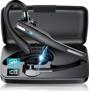 Schwarzes kabelloses Bluetooth-Headset mit Ohrbügel und Ladeetui