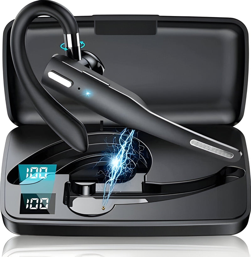 Schwarzes kabelloses Bluetooth-Headset mit Ohrbügel und Ladeetui