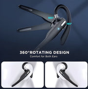 Schwarzes kabelloses Bluetooth-Headset mit Ohrbügel und Ladeetui