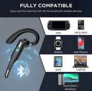 Schwarzes kabelloses Bluetooth-Headset mit Ohrbügel und Ladeetui