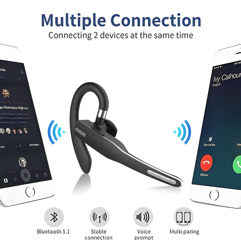 Schwarzes kabelloses Bluetooth-Headset mit Ohrbügel und Ladeetui