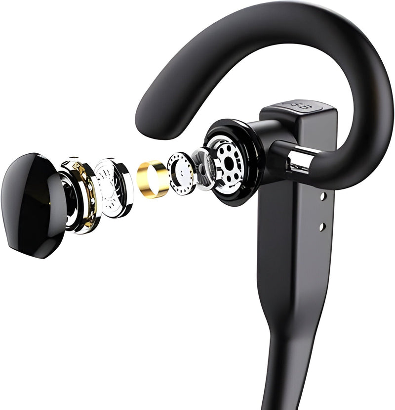 Schwarzes kabelloses Bluetooth-Headset mit Ohrbügel und Ladeetui