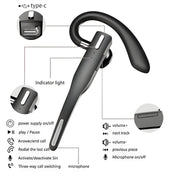 Schwarzes kabelloses Bluetooth-Headset mit Ohrbügel und Ladeetui