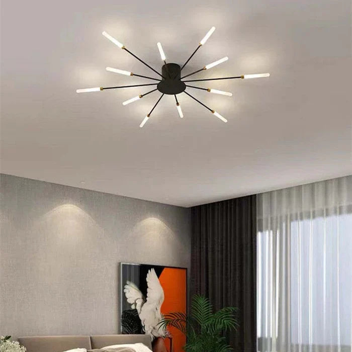 Moderne LED-Deckenleuchte mit radial angeordneten Lichtarmen im Strahlen-Design