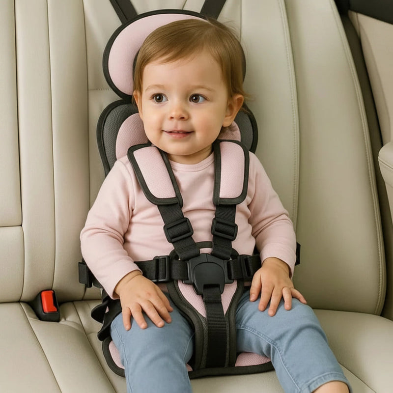 Tragbarer Kinder-Autositz mit gepolstertem Sicherheitsgurt im Fahrzeug