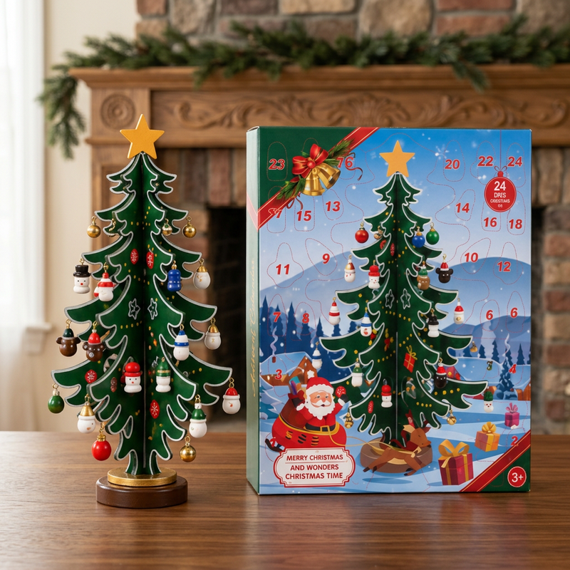 Adventskalender mit Holz-Weihnachtsbaum und Mini-Anhängern